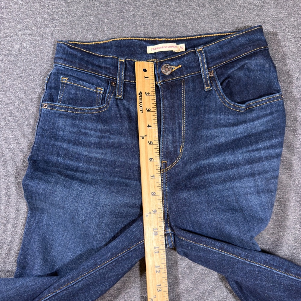 Levi's 724 High Rise Straight Jeans Women 26 Blue Raw Hem Dark Wash Stretch - Picture 7 of 10